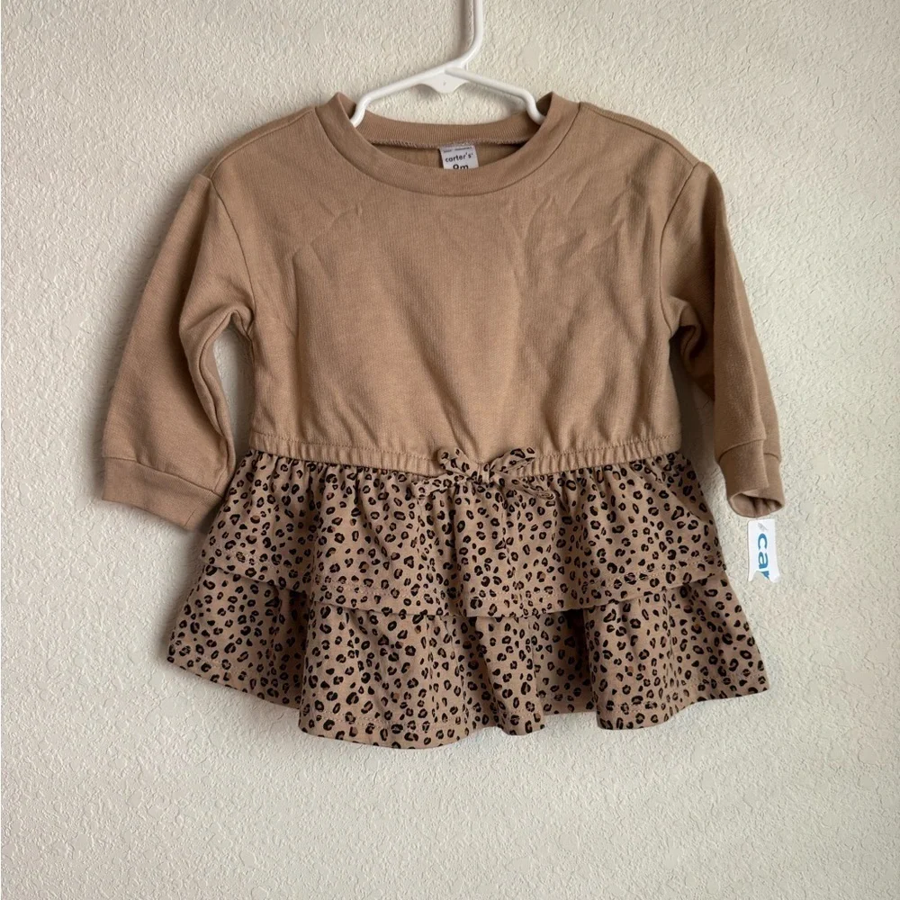 Carter's Brown Leopard Print Ruffle Sweater Dress size 9M-NWT